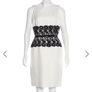 Tailored Jacquard White Dress with Black Lace Detail